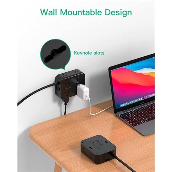 Power Strip Surge Protector - Flat Plug 8 Wide Outlets with 4 USB Ports, 5FT - Picture 5 of 7